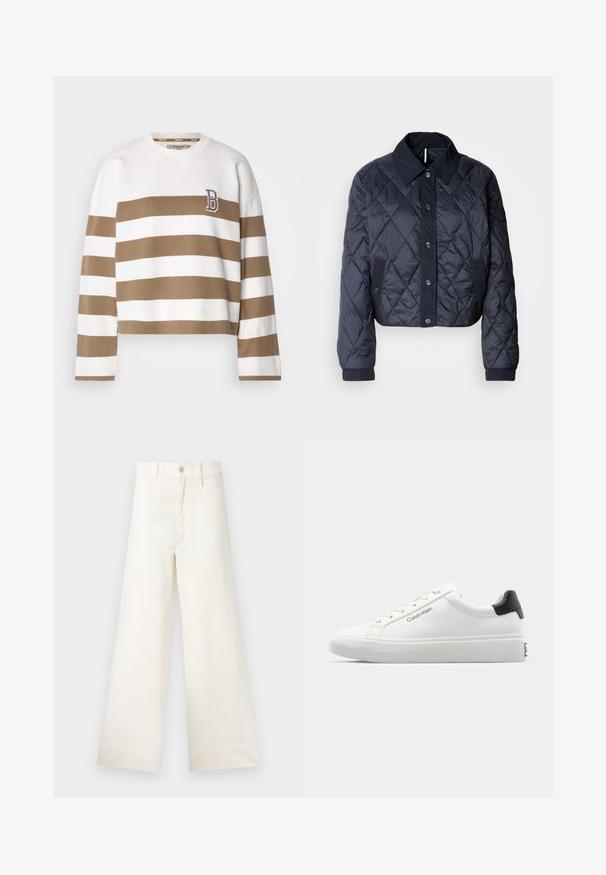 Navy blue quilted jacket with a large collar, button front, and elastic cuffs. Features diagonal stitching and side pockets. Soft, smooth texture.; Brown and white striped cropped sweatshirt with a crew neck and long sleeves. Features a "B" logo on the left chest area. Cotton material.; Wide-leg trousers in light beige cotton. Features a high waist, front pockets, and a straight cut. Clean hem finishing without patterns.; White sneaker with a smooth finish, black heel accent, and lace-up design. Features "Calvin Klein" branding on the side. Minimalist style.