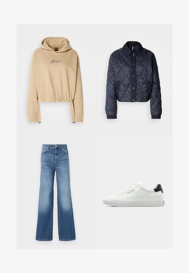 Granatowa pikowana kurtka z dużym kołnierzem, zapinana na guziki, z elastycznymi mankietami. Oferuje skośne przeszycia i boczne kieszenie. Miękka, gładka faktura.; Beżowy krótki hoodie wykonany z miękkiego materiału z regulowanym dołem. Posiada haftowane logo na klatce piersiowej oraz elastyczne mankiety.; Jasnoniebieskie dżinsowe spodnie szerokie u dołu z wysokim stanem, z pięcioma kieszeniami, szlufkami na pasek oraz subtelnym efektem wyblaknięcia w kierunku dołu.; Białe sneakersy o gładkim wykończeniu, z czarnym akcentem na pięcie i sznurowanym zapięciem. Posiadają branding "Calvin Klein" po bokach. Styl minimalistyczny.