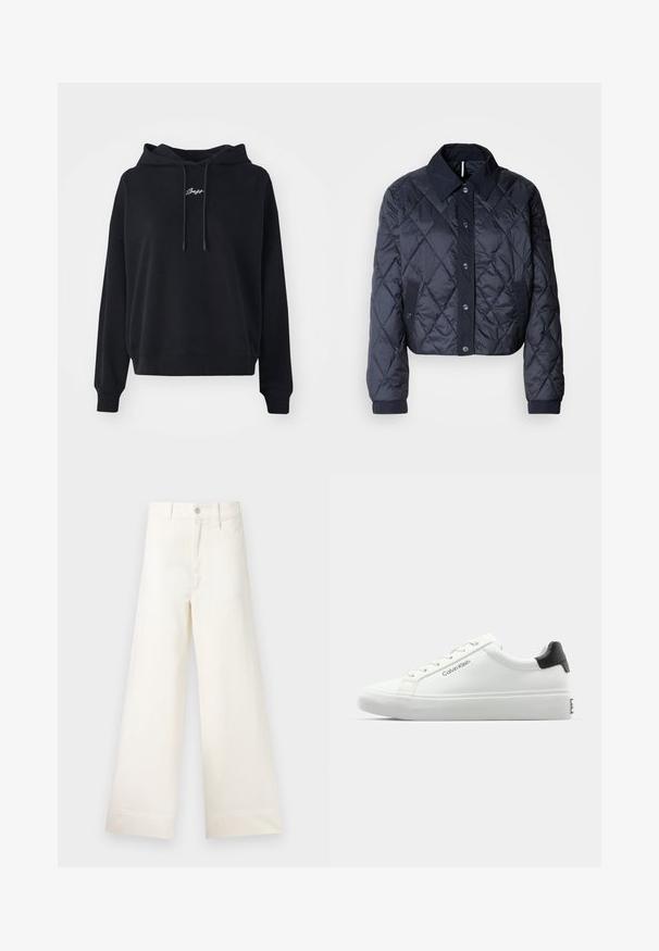 Casaco acolchoado azul marinho com um grande colarinho, fecho de botões e punhos elásticos. Apresenta costura diagonal e bolsos laterais. Textura suave e lisa.; Camisola preta com capuz, fabricada em um tecido macio, com ajuste solto e texto bordado na frente. Barra e punhos canelados.; Calças largas em algodão bege claro. Apresentam uma cintura alta, bolsos frontais e um corte reto. Acabamento de bainha limpo, sem padrões.; Sapatilha branca com acabamento liso, detalhe preto no calcanhar e design com atacadores. Apresenta a marca "Calvin Klein" na lateral. Estilo minimalista.