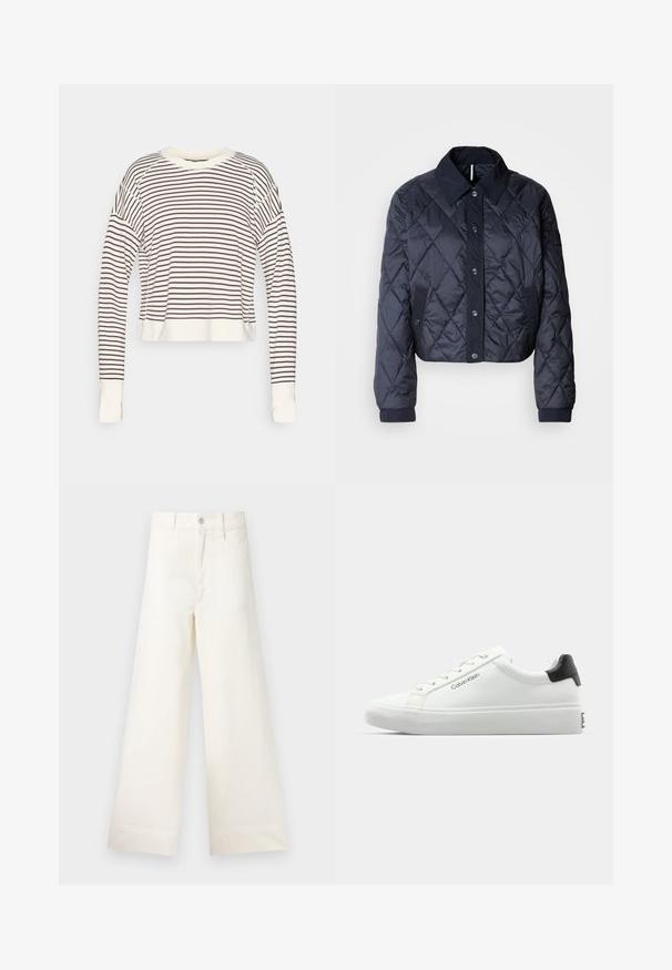 Veste matelassée bleu marine avec un grand col, fermeture à boutons et poignets élastiques. Comprend des coutures diagonales et des poches latérales. Texture douce et lisse.; Top court à manches longues couleur crème avec des rayures horizontales marron foncé. Il présente un col rond et des poignets ajustés. Texture de tissu douce.; Pantalons large en coton beige clair. Dotés d'une taille haute, de poches latérales et d'une coupe droite. Finition ourlet propre sans motifs.; Sneaker blanche avec une finition lisse, accent noir au talon et design à lacets. Présente le logo "Calvin Klein" sur le côté. Style minimaliste.