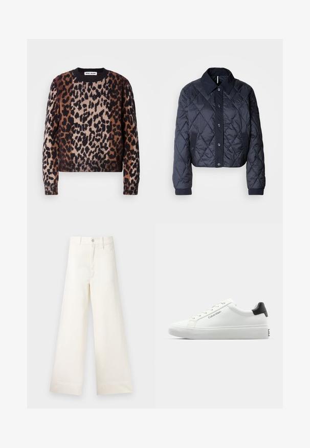 Tmavě modrá prošívaná bunda s velkým límcem, zapínáním na knoflíky a elastickými manžetami. Má diagonální prošití a boční kapsy. Měkká, hladká textura.; Svetr s leopardím potiskem v odstínech hnědé, černé a krémové. Měkká textura, kulatý výstřih a žebrované manžety a lem. Ležérní, zkrácený střih.; Kalhoty s širokými nohavicemi v světle béžové bavlně. Mají vysoký pas, přední kapsy a rovný střih. Čistý lem bez vzorů.; Bílé tenisky s hladkým povrchem, černým akcentem na patě a šněrovacím designem. Na boku mají značku "Calvin Klein". Minimalistický styl.