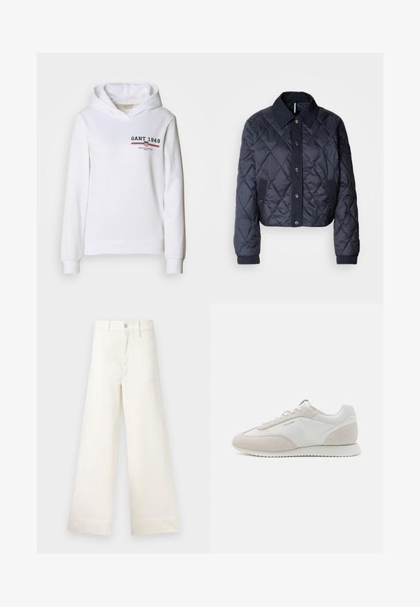 Námornícky modrá prešívaná bunda s veľkým golierom, predným zapínaním na gombíky a elastickými manžetami. Obsahuje diagonálne prešitie a bočné vrecká. Mäkká, hladká štruktúra.; Biela mikina vyrobená z mäkkého materiálu, s predným logom "GANT 1949" a červenobielymi prúžkami, s dlhými rukávmi a kapucňou so šnúrkou.; Široké nohavice z ľahkej béžovej bavlny. Majú vysoký pás, predné vrecká a rovný strih. Čisté ukončenie bez vzorov.; Svetlé tenisky s kombináciou bielej kože a béžovej semišovej látky, s textúrovanou podrážkou a minimálnym brandingom na strane.