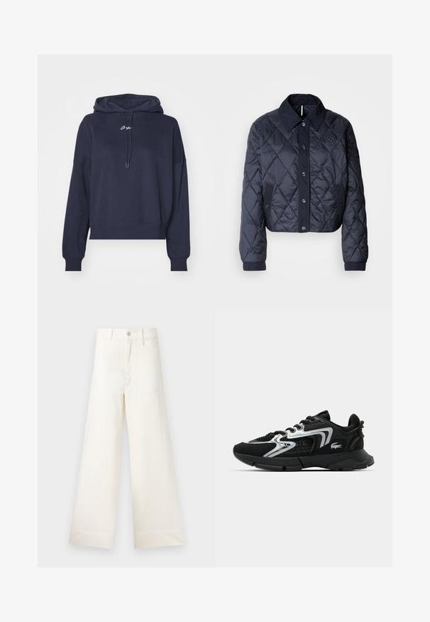 Giacca trapuntata blu navy con un ampio colletto, chiusura anteriore con bottoni e polsini elasticizzati. Presenta cuciture diagonali e tasche laterali. Tessuto morbido e liscio.; Felpa blu navy realizzata in tessuto morbido, con cappuccio regolabile e logo ricamato sul petto. Vestibilità rilassata con polsini a coste.; Pantaloni a gamba larga in cotone beige chiaro. Caratterizzati da vita alta, tasche anteriori e un taglio dritto. Orlo pulito senza motivi.; Sneaker sportivo nero con tomaia in rete e sintetico, dettagli argento, punta arrotondata, collare imbottito e suola testurizzata per la presa.