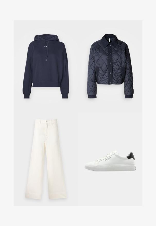 Námornícky modrá prešívaná bunda s veľkým golierom, predným zapínaním na gombíky a elastickými manžetami. Obsahuje diagonálne prešitie a bočné vrecká. Mäkká, hladká štruktúra.; Námornícky modrá mikina s kapucňou vyrobená z mäkkej tkaniny, vybavená šnúrkou na kapucni a vyšitou logom na hrudi. Uvoľnený strih s rebrovanými manžetami.; Široké nohavice z ľahkej béžovej bavlny. Majú vysoký pás, predné vrecká a rovný strih. Čisté ukončenie bez vzorov.; Biele tenisky s hladkým povrchom, čiernym akcentom na päte a šnurovacími detailmi. Na boku je značka "Calvin Klein". Minimalistický štýl.