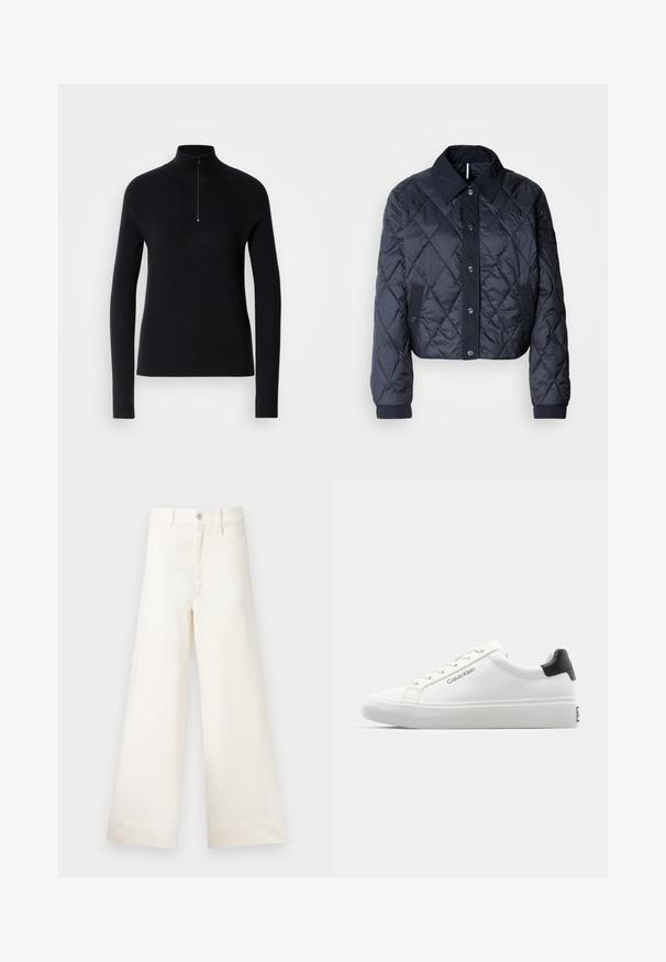 Marineblauwe gewatteerde jas met een grote kraag, knopen vooraan en elastische manchetten. Heeft diagonale stiksels en zijzakken. Zachte, gladde textuur.; Zwarte gebreide pullover met een hoge kraag en een halve rits, voorzien van een ribbeltextuur en lange mouwen. Eenvoudig en aansluitend ontwerp.; Bredere broek van lichtbeige katoen. Heeft een hoge taille, voorzakken en een rechte snit. Schoon afgewerkte zoom zonder patronen.; Witte sneaker met een gladde afwerking, zwarte hielaccenten en vetersluiting. Bevat "Calvin Klein" branding aan de zijkant. Minimalistische stijl.