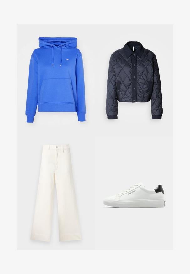 Námornícky modrá prešívaná bunda s veľkým golierom, predným zapínaním na gombíky a elastickými manžetami. Obsahuje diagonálne prešitie a bočné vrecká. Mäkká, hladká štruktúra.; GANT SHIELD HOODIE - Mikina s kapucňou - greece blue; Široké nohavice z ľahkej béžovej bavlny. Majú vysoký pás, predné vrecká a rovný strih. Čisté ukončenie bez vzorov.; Biele tenisky s hladkým povrchom, čiernym akcentom na päte a šnurovacími detailmi. Na boku je značka "Calvin Klein". Minimalistický štýl.