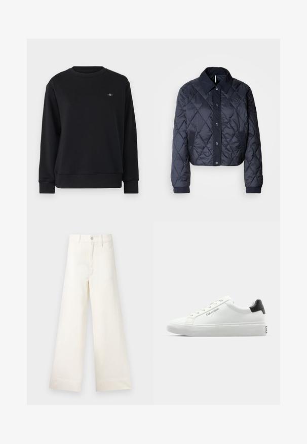 Tmavě modrá prošívaná bunda s velkým límcem, zapínáním na knoflíky a elastickými manžetami. Má diagonální prošití a boční kapsy. Měkká, hladká textura.; Černá mikina vyrobená z měkkého materiálu, s kulatým výstřihem, dlouhými rukávy a malým logem na levé části hrudi. Hladký povrch a volný střih.; Kalhoty s širokými nohavicemi v světle béžové bavlně. Mají vysoký pas, přední kapsy a rovný střih. Čistý lem bez vzorů.; Bílé tenisky s hladkým povrchem, černým akcentem na patě a šněrovacím designem. Na boku mají značku "Calvin Klein". Minimalistický styl.