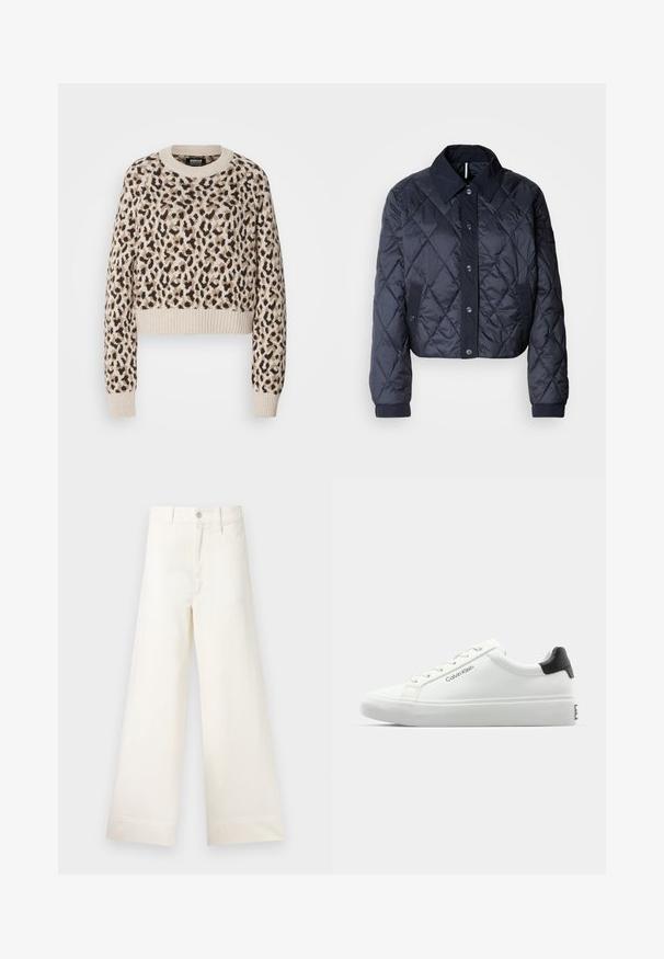 Tumedat sinise värvi tikandiga jakk suure krae, nööpidega esituse ja elastsete mansettidega. Omab diagonaalõmblusi ja küljetaskuid. Pehme, sile tekstuur.; Beige lühike kampsun, millel on leopardi trükk pruunides ja mustades toonides. Omab soonikservi ja -krae, ümar kaelus.; Laiad püksid heleses puuvillas. Omavad kõrget vööd, ees on taskud ja sirge lõige. Puhtad ääred ilma mustriteta.; Valge tennisekenks, millel on sile viimistlus, must kontsatarvik ja paelaga disain. Küljel on "Calvin Klein" bränditus. Minimalistlik stiil.