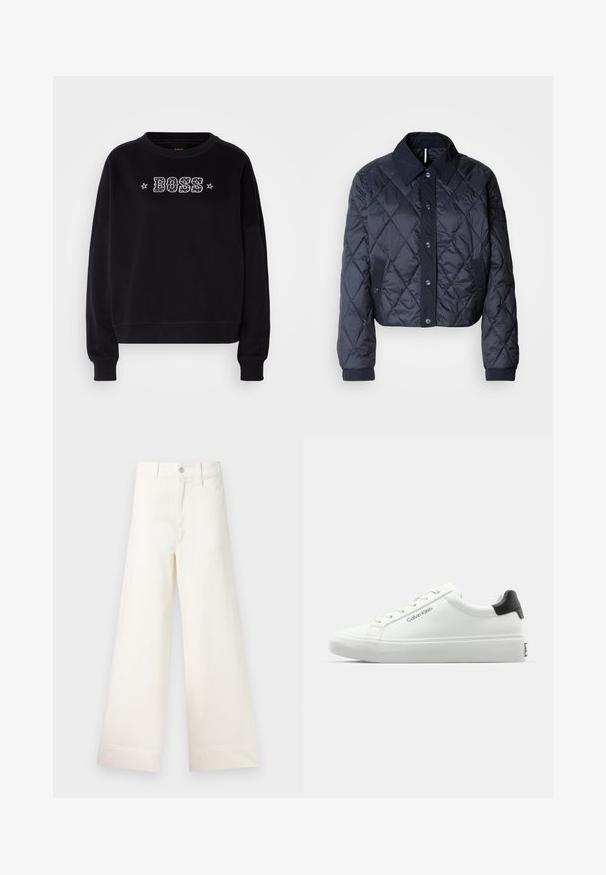 Tumši zils, quiltēts jaka ar lielu apkakli, pogu fasādi un elastīgām aprocēm. Satur diagonālas šuves un sānu kabatas. Mīksta, gluda tekstūra.; Melns pusmugurs ar apaļu kaklu un garām piedurknēm. Priekšpusē ir izšūts "BOSS" logo un zvaigžņu akcenti.; Platākas kāju bikses gaiši pelēkā kokvilnā. Iespējams augsts jostasvieta, priekšējās kabatas un taisna griezuma. Tīrs apakšmalas apdare bez rakstiem.; Baltas sporta apavi ar gludu virsmu, melnu papēža akcentu un šauriem sašuvumiem. Sānos ir "Calvin Klein" zīmols. Minimālistisks stils.
