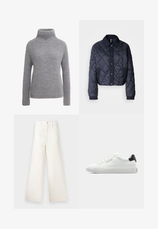 Marineblauer, gesteppter Regenmantel mit großem Kragen, Knopfverschluss vorne und elastischen Manschetten. Mit diagonaler Naht und Seitentaschen. Weiche, glatte Textur.; Grauer Strickpullover mit hohem Rollkragen, gerippter Textur und langen Ärmeln. Verfügt über Raglan-Nähte und eine taillierte Silhouette.; Weite Hosen aus hellem beigen Baumwollstoff. Mit hoher Taille, vorderen Taschen und geradem Schnitt. Saubere Saumverarbeitung ohne Muster.; Weißer Sneaker mit glatter Oberfläche, schwarzem Absatz und Schnürdesign. Mit "Calvin Klein"-Branding an der Seite. Minimalistischer Stil.