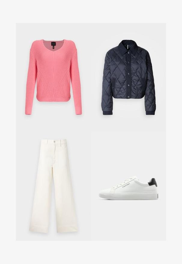 Marineblauer, gesteppter Regenmantel mit großem Kragen, Knopfverschluss vorne und elastischen Manschetten. Mit diagonaler Naht und Seitentaschen. Weiche, glatte Textur.; Rosa gestrickter Pullover mit V-Ausschnitt, langen Ärmeln, gerippter Textur und diagonalen Details auf der Vorderseite. Glattes Material und taillierte Silhouette.; Weite Hosen aus hellem beigen Baumwollstoff. Mit hoher Taille, vorderen Taschen und geradem Schnitt. Saubere Saumverarbeitung ohne Muster.; Weißer Sneaker mit glatter Oberfläche, schwarzem Absatz und Schnürdesign. Mit "Calvin Klein"-Branding an der Seite. Minimalistischer Stil.