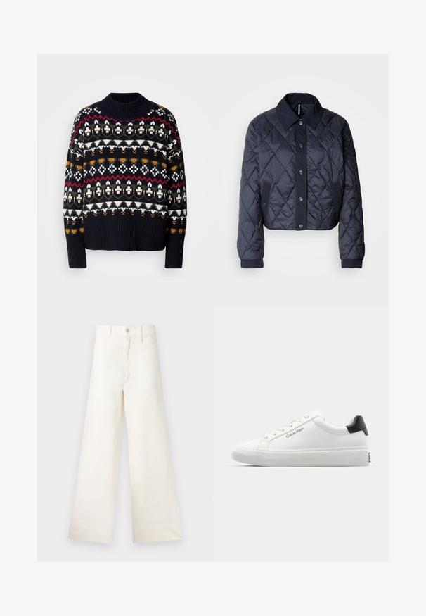 Tmavě modrá prošívaná bunda s velkým límcem, zapínáním na knoflíky a elastickými manžetami. Má diagonální prošití a boční kapsy. Měkká, hladká textura.; Pletený tmavě modrý svetr s Fair Isle vzorem v bílé, červené, olivové a žluté barvě, s žebrovaným límcem a lemem, střední tloušťky.; Kalhoty s širokými nohavicemi v světle béžové bavlně. Mají vysoký pas, přední kapsy a rovný střih. Čistý lem bez vzorů.; Bílé tenisky s hladkým povrchem, černým akcentem na patě a šněrovacím designem. Na boku mají značku "Calvin Klein". Minimalistický styl.