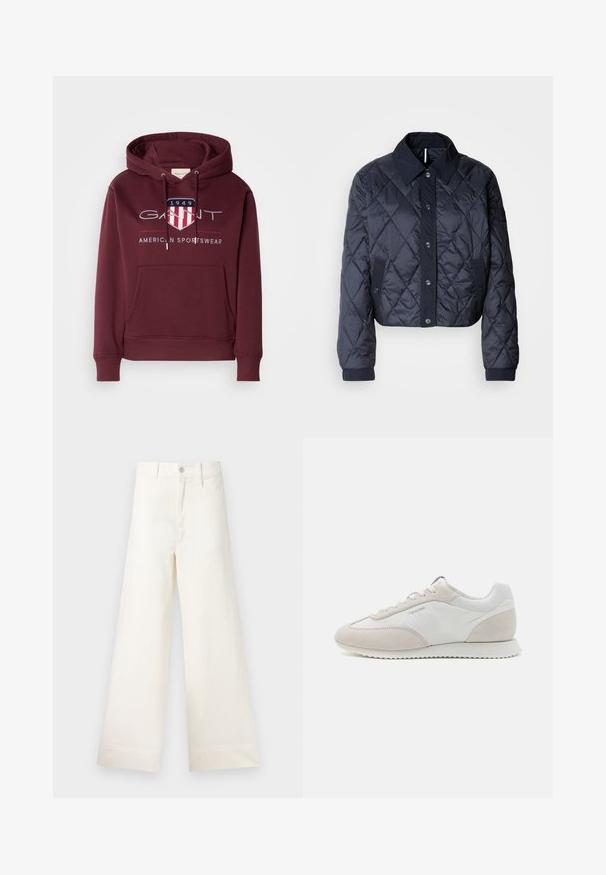 Mornarsko modra kvačkana jakna z velikim ovratnikom, gumbi spredaj in elastičnimi manšetami. Ima diagonalno šivanje in stranske žepe. Mehka, gladka tekstura.; Bordo kapuca iz mehkega materiala, z zadnjim žepom, vrvicami in logotipom z ščitom ter besedilom "1949" na prsih.; Široke hlače iz svetlo bež bombaža. Imajo visoko pas, sprednje žepke in ravno krojenje. Čist zaključek brez vzorcev.; Svetle teniske, ki združujejo belo usnje in bež semiš, z teksturiranim podplatom in minimalnim blagovnim znakom na strani.