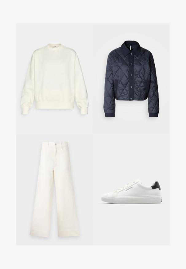 Jachetă matlasată de culoare bleumarin, cu un guler mare, închidere cu nasturi și manșete elastice. Prezintă cusături diagonale și buzunare laterale. Textură moale și netedă.; Hanorac de culoare crem, fabricat dintr-un material moale. Are un decolteu rotund, umeri căzuți și manșete și tiv din jerseu. Design simplu, fără modele.; Pantaloni cu croi larg din bumbac bej deschis. Prezintă talie înaltă, buzunare frontale și croi drept. Terminare netedă a tivului, fără modele.; Tenisii albi cu un finisaj neted, cu accent pe toc negru și design cu șireturi. Prezintă branding-ul "Calvin Klein" pe lateral. Stil minimalist.