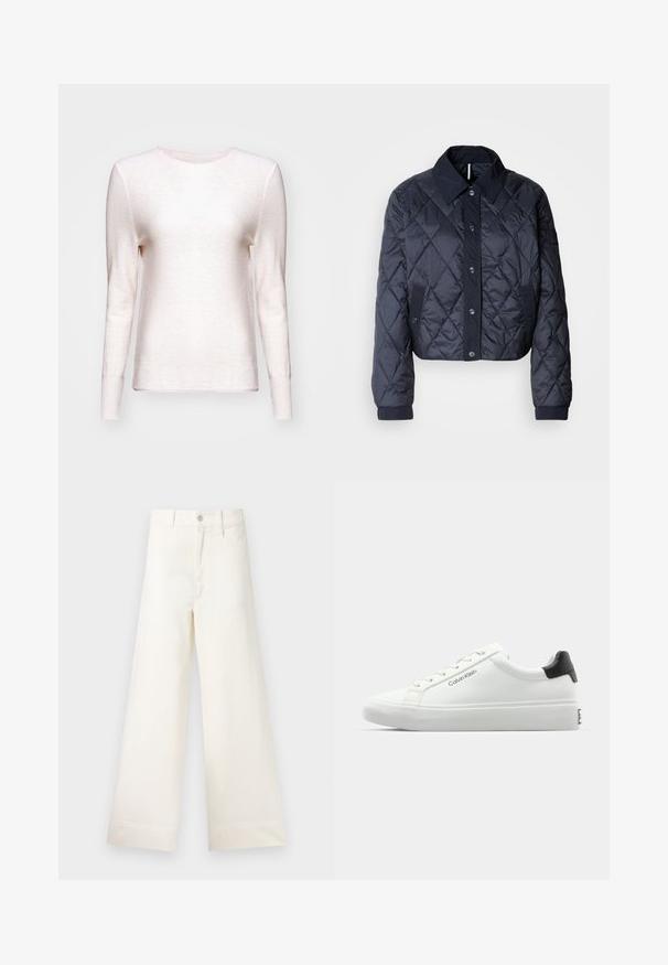 Tumši zils, quiltēts jaka ar lielu apkakli, pogu fasādi un elastīgām aprocēm. Satur diagonālas šuves un sānu kabatas. Mīksta, gluda tekstūra.; Gaiša rozā garenās piedurknes džemperis, izgatavots no teksturēta auduma. Apaļš izgriezums ar ribotām detaļām, mīksta apdare un pieguļošas piedurknes.; Platākas kāju bikses gaiši pelēkā kokvilnā. Iespējams augsts jostasvieta, priekšējās kabatas un taisna griezuma. Tīrs apakšmalas apdare bez rakstiem.; Baltas sporta apavi ar gludu virsmu, melnu papēža akcentu un šauriem sašuvumiem. Sānos ir "Calvin Klein" zīmols. Minimālistisks stils.