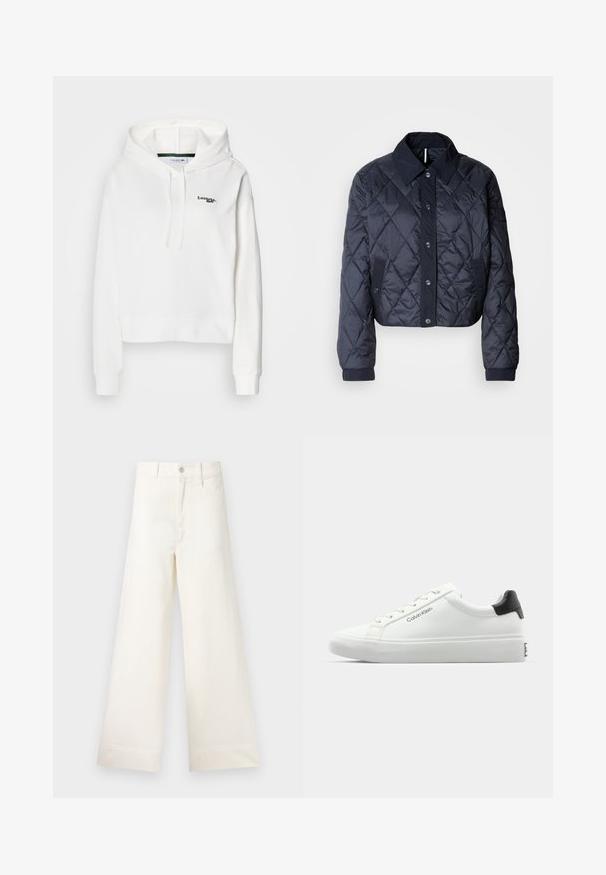 Giacca trapuntata blu navy con un ampio colletto, chiusura anteriore con bottoni e polsini elasticizzati. Presenta cuciture diagonali e tasche laterali. Tessuto morbido e liscio.; Felpa bianca in tessuto morbido con tasca a marsupio, cappuccio con cordino e logo ricamato verde sul petto. Presenta polsini a coste.; Pantaloni a gamba larga in cotone beige chiaro. Caratterizzati da vita alta, tasche anteriori e un taglio dritto. Orlo pulito senza motivi.; Sneaker bianca con finitura liscia, accentuazione nera sul tallone e design con lacci. Presenta il marchio "Calvin Klein" sul lato. Stile minimalista.