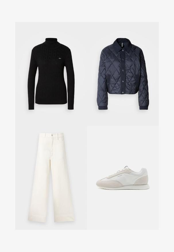 Tamno plava jakna sa kvadratićastim uzorkom, velikim ovratnikom, dugmadi sprijeda i elastičnim manžetama. Ima dijagonalne šavove i bočne džepove. Mekana, glatka tekstura.; Crna rolka s teksturiranim dizajnom od kabelnog pletenja. Ima dugačke rukave i uski siluetu. Mali logo na prsima.; Hlače širokih nogavica u svijetloj bež pamučnoj tkanini. Imaju visoki struk, prednje džepove i ravni kroj. Čista obruba bez uzoraka.; Svijetlosmeđi tenisice koje kombiniraju bijelu kožu i bež antilop, s teksturiranom petom i minimalnim logotipom sa strane.