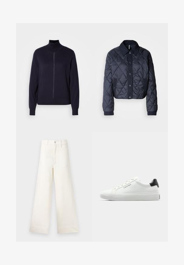 Tumši zils, quiltēts jaka ar lielu apkakli, pogu fasādi un elastīgām aprocēm. Satur diagonālas šuves un sānu kabatas. Mīksta, gluda tekstūra.; Jūras spēku turtleneck džemperis mīkstā adījumā, ar pusi rāvējslēdzēja priekšā, garām piedurknēm un pieguļošu apakšmalu. Minimālistisks dizains bez rakstiem.; Platākas kāju bikses gaiši pelēkā kokvilnā. Iespējams augsts jostasvieta, priekšējās kabatas un taisna griezuma. Tīrs apakšmalas apdare bez rakstiem.; Baltas sporta apavi ar gludu virsmu, melnu papēža akcentu un šauriem sašuvumiem. Sānos ir "Calvin Klein" zīmols. Minimālistisks stils.