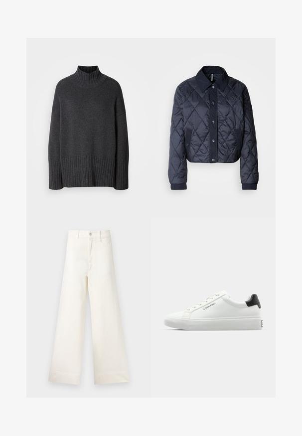 Ναυτικών μπλε καπιτονέ μπουφάν με μεγάλο γιακά, κουμπιά μπροστά και ελαστικές μανσέτες. Διαθέτει διαγώνιες ραφές και πλαϊνές τσέπες. Μαλακή, λεία υφή.; Σκούρο γκρι πουλόβερ με λαιμόκοψη τύπου λαιμού φτιαγμένο από ριπ ύφασμα. Διαθέτει φαρδιά ριμπ στη γαζωμένη άκρη και τα μανίκια, με χαλαρή και υπερμεγέθη εφαρμογή.; Φαρδιές παντελόνες από ανοιχτό μπεζ βαμβάκι. Διαθέτουν ψηλή μέση, μπροστινές τσέπες και ευθεία γραμμή. Καθαρό τελείωμα χωρίς σχέδια.; Λευκό αθλητικό παπούτσι με λεία φινίρισμα, μαύρη λεπτομέρεια στη φτέρνα και σχέδιο που δένει με κορδόνια. Φέρει το λογότυπο "Calvin Klein" στην πλευρά. Μινιμαλιστικός σχεδιασμός.