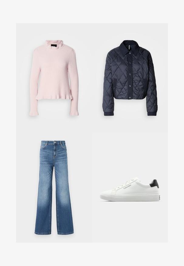 Mørkeblå quiltet jakke med en stor krave, knaplukning foran og elastiske manchetter. Har diagonal syning og sidelommer. Blød, glat tekstur.; Lyserød, langærmet sweater med ribbet tekstur, bølget halsudskæring og kant. Løs pasform med tætsiddende ærmer. Afslappet design.; Lysblå denim bredbenede jeans med høj talje, der har fem lommer, bæltesløjfer og en subtil falmeffekt mod kanten.; Hvid sneakers med en glat overflade, sort hælaccent og snørebåndsdesign. Har "Calvin Klein" branding på siden. Minimalistisk stil.
