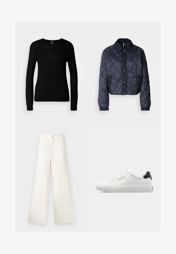 Tumši zils, quiltēts jaka ar lielu apkakli, pogu fasādi un elastīgām aprocēm. Satur diagonālas šuves un sānu kabatas. Mīksta, gluda tekstūra.; Melnā džemperī, kas izgatavots no smalka adījuma, ir apaļa kakla izgriezums un garas piedurknes ar pieguļošu aproci. Nav redzamu rakstu vai rotājumu.; Platākas kāju bikses gaiši pelēkā kokvilnā. Iespējams augsts jostasvieta, priekšējās kabatas un taisna griezuma. Tīrs apakšmalas apdare bez rakstiem.; Baltas sporta apavi ar gludu virsmu, melnu papēža akcentu un šauriem sašuvumiem. Sānos ir "Calvin Klein" zīmols. Minimālistisks stils.