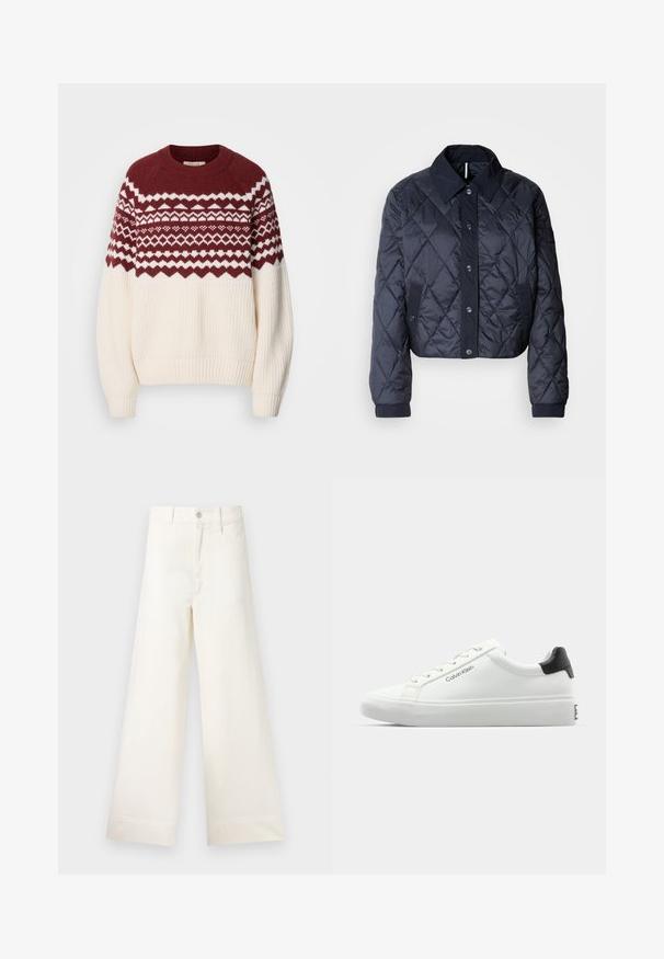 Navy blue quilted jacket with a large collar, button front, and elastic cuffs. Features diagonal stitching and side pockets. Soft, smooth texture.; Knitted sweater with a maroon and white geometric pattern on the yoke, featuring a cream body, ribbed cuffs, and hem. Round neckline.; Wide-leg trousers in light beige cotton. Features a high waist, front pockets, and a straight cut. Clean hem finishing without patterns.; White sneaker with a smooth finish, black heel accent, and lace-up design. Features "Calvin Klein" branding on the side. Minimalist style.