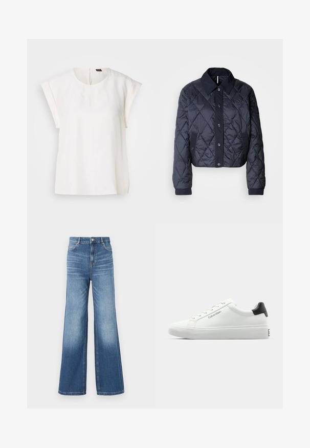 Tumedat sinise värvi tikandiga jakk suure krae, nööpidega esituse ja elastsete mansettidega. Omab diagonaalõmblusi ja küljetaskuid. Pehme, sile tekstuur.; Valge lühikeste varrukatega pluus, millel on ümar kaelus, sile kangas ja nähtamatu tagumine lukuga sulgemine. Sirge äär ja mugav lõige.; Heled sinine denim laiad püksid kõrge vöökoha ja viie taskuga, vööaasadega ning kerge fade-efektiga hemmi suunas.; Valge tennisekenks, millel on sile viimistlus, must kontsatarvik ja paelaga disain. Küljel on "Calvin Klein" bränditus. Minimalistlik stiil.