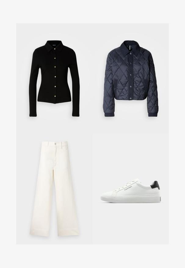 Sötétkék steppelt dzseki nagy gallérral, gombos elülső résszel és rugalmas mandzsettákkal. Áttört varrásokkal és oldalsó zsebekkel rendelkezik. Puha, sima textúrájú.; Fekete bordázott hosszú ujjú ing, galléros nyakkal, arany gombokkal az elején és testhez simuló szabással.; Világos bézs pamut széles lábú nadrág. Magas derék, elülső zsebek és egyenes vonalú fazon jellemzi. Tiszta, mintázat nélküli hem befejezés.; Fehér sneaker sima felülettel, fekete sarok akcentussal és fűzős dizájnnal. Oldalán "Calvin Klein" márkázás található. Minimalista stílus.