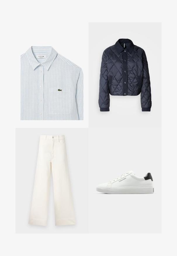 Giacca trapuntata blu navy con un ampio colletto, chiusura anteriore con bottoni e polsini elasticizzati. Presenta cuciture diagonali e tasche laterali. Tessuto morbido e liscio.; Camicetta a righe blu chiaro e bianco con taschino sul petto, caratterizzata da un logo di coccodrillo ricamato in verde, colletto classico, vestibilità oversize.; Pantaloni a gamba larga in cotone beige chiaro. Caratterizzati da vita alta, tasche anteriori e un taglio dritto. Orlo pulito senza motivi.; Sneaker bianca con finitura liscia, accentuazione nera sul tallone e design con lacci. Presenta il marchio "Calvin Klein" sul lato. Stile minimalista.