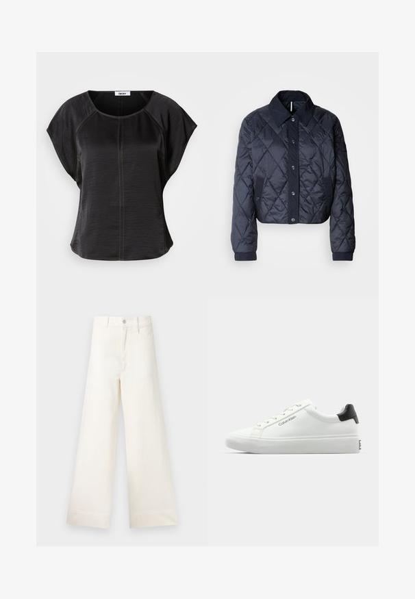 Veste matelassée bleu marine avec un grand col, fermeture à boutons et poignets élastiques. Comprend des coutures diagonales et des poches latérales. Texture douce et lisse.; Haut noir à manches courtes avec une coupe décontractée, affichant un col rond et des coutures contrastantes couleur sable sur le devant et le long des seams.; Pantalons large en coton beige clair. Dotés d'une taille haute, de poches latérales et d'une coupe droite. Finition ourlet propre sans motifs.; Sneaker blanche avec une finition lisse, accent noir au talon et design à lacets. Présente le logo "Calvin Klein" sur le côté. Style minimaliste.