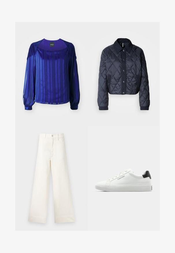 Tumši zils, quiltēts jaka ar lielu apkakli, pogu fasādi un elastīgām aprocēm. Satur diagonālas šuves un sānu kabatas. Mīksta, gluda tekstūra.; Violeta blūze ar garām caurspīdīgām piedurknēm, vertikālām svītrām un tekstūrētām plecu akcentiem. Gluda auduma virsma ar nelielu spīdumu.; Platākas kāju bikses gaiši pelēkā kokvilnā. Iespējams augsts jostasvieta, priekšējās kabatas un taisna griezuma. Tīrs apakšmalas apdare bez rakstiem.; Baltas sporta apavi ar gludu virsmu, melnu papēža akcentu un šauriem sašuvumiem. Sānos ir "Calvin Klein" zīmols. Minimālistisks stils.