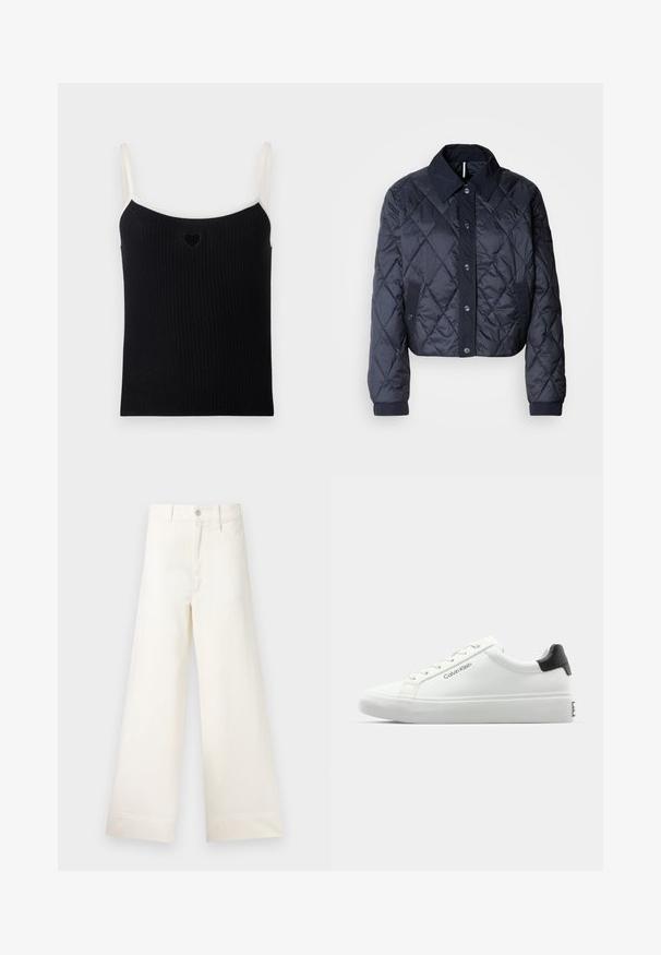 Giacca trapuntata blu navy con un ampio colletto, chiusura anteriore con bottoni e polsini elasticizzati. Presenta cuciture diagonali e tasche laterali. Tessuto morbido e liscio.; Top a costine nero con sottili spalline crema e piccolo taglio a forma di cuore sul davanti. Texture morbida, design aderente e stile minimalista.; Pantaloni a gamba larga in cotone beige chiaro. Caratterizzati da vita alta, tasche anteriori e un taglio dritto. Orlo pulito senza motivi.; Sneaker bianca con finitura liscia, accentuazione nera sul tallone e design con lacci. Presenta il marchio "Calvin Klein" sul lato. Stile minimalista.