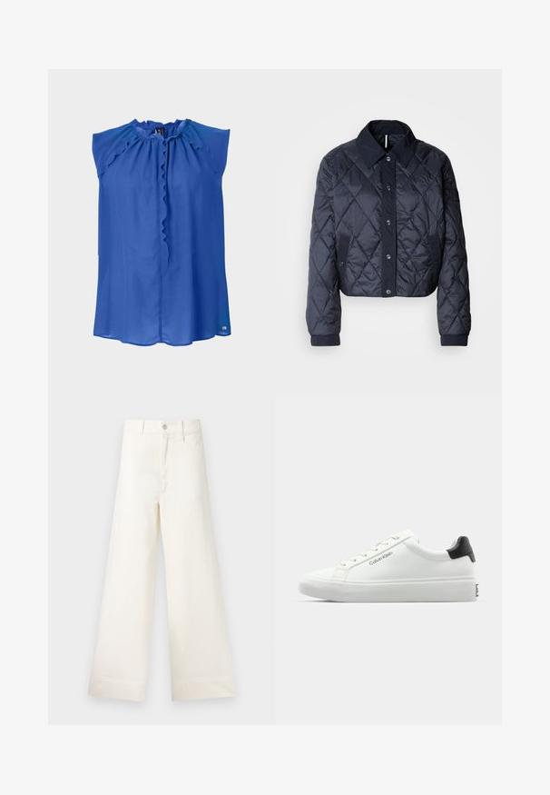 Marineblauer, gesteppter Regenmantel mit großem Kragen, Knopfverschluss vorne und elastischen Manschetten. Mit diagonaler Naht und Seitentaschen. Weiche, glatte Textur.; Blaue ärmellose Bluse mit Rüschenausschnitt, glatter Textur und etwas lockerer Passform. Verfügt über einen Knopfverschluss und ein dezentes Logo am Saum.; Weite Hosen aus hellem beigen Baumwollstoff. Mit hoher Taille, vorderen Taschen und geradem Schnitt. Saubere Saumverarbeitung ohne Muster.; Weißer Sneaker mit glatter Oberfläche, schwarzem Absatz und Schnürdesign. Mit "Calvin Klein"-Branding an der Seite. Minimalistischer Stil.