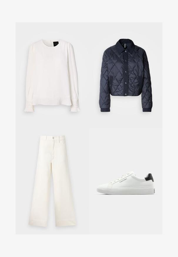 Marineblauer, gesteppter Regenmantel mit großem Kragen, Knopfverschluss vorne und elastischen Manschetten. Mit diagonaler Naht und Seitentaschen. Weiche, glatte Textur.; Weiße Bluse mit langen Ärmeln und rundem Halsausschnitt, mit gefältelten Schultern und mit Juwelen akzentuierten Manschetten, aus einem glatten, satinähnlichen Material.; Weite Hosen aus hellem beigen Baumwollstoff. Mit hoher Taille, vorderen Taschen und geradem Schnitt. Saubere Saumverarbeitung ohne Muster.; Weißer Sneaker mit glatter Oberfläche, schwarzem Absatz und Schnürdesign. Mit "Calvin Klein"-Branding an der Seite. Minimalistischer Stil.