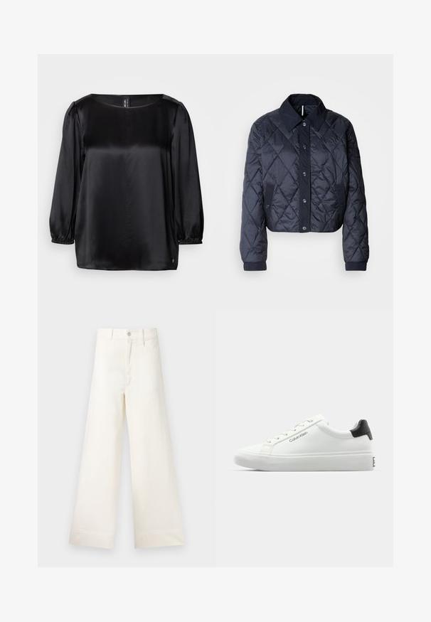 Giacca trapuntata blu navy con un ampio colletto, chiusura anteriore con bottoni e polsini elasticizzati. Presenta cuciture diagonali e tasche laterali. Tessuto morbido e liscio.; Blusa di raso nera con scollatura quadrata, maniche lunghe a palloncino con polsini elasticizzati e orlo dritto. Tessuto morbido con un design chic e minimalista.; Pantaloni a gamba larga in cotone beige chiaro. Caratterizzati da vita alta, tasche anteriori e un taglio dritto. Orlo pulito senza motivi.; Sneaker bianca con finitura liscia, accentuazione nera sul tallone e design con lacci. Presenta il marchio "Calvin Klein" sul lato. Stile minimalista.