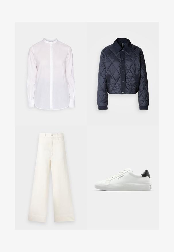 Giacca trapuntata blu navy con un ampio colletto, chiusura anteriore con bottoni e polsini elasticizzati. Presenta cuciture diagonali e tasche laterali. Tessuto morbido e liscio.; Camicia bianca a maniche lunghe con colletto alla cinese, chiusura frontale con bottoni e orlo leggermente curvato. Realizzata in tessuto leggero e testurizzato.; Pantaloni a gamba larga in cotone beige chiaro. Caratterizzati da vita alta, tasche anteriori e un taglio dritto. Orlo pulito senza motivi.; Sneaker bianca con finitura liscia, accentuazione nera sul tallone e design con lacci. Presenta il marchio "Calvin Klein" sul lato. Stile minimalista.