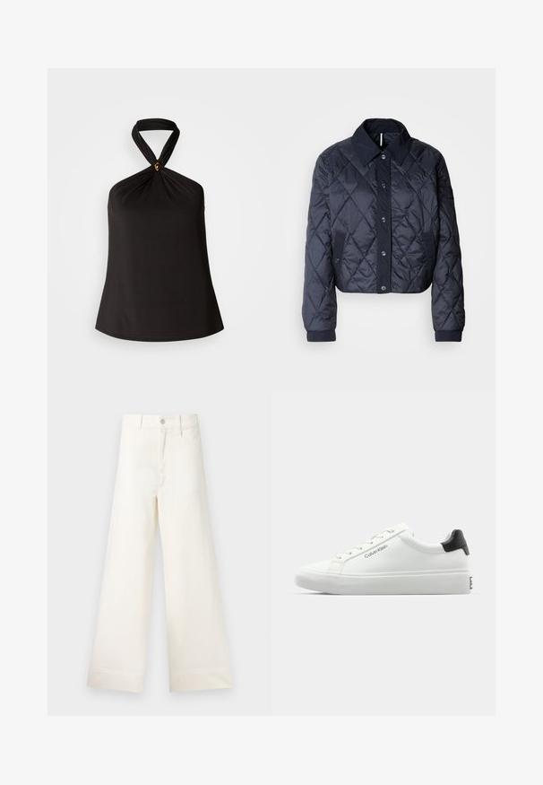 Tamsiai mėlynas paminkštintas švarkas su didele apykakle, mygtukų uždarymu ir elastingomis rankovėmis. Pasižymi įstrižainiais siūlais ir šoninėmis kišenėmis. Minkšta, lygi tekstūra.; Juodas halterio tipo viršus, pagamintas iš lygaus audinio, turi suktą kaklo dizainą ir dekoratyvų auksinį akcentą centre. Paprasta, plazdanti siluetas.; Platus kojų kelnes šviesiai smėlio spalvos medvilnės. Aukšta juosmens linija, priekinės kišenės ir tiesus kirpimas. Švarus apvadas be raštų.; Baldos suknelės sportbačiai su lygiu paviršiumi, juodu kulno akcentu ir raištelių dizainu. Šone matoma "Calvin Klein" prekės ženklo ženklas. Minimalistinio stiliaus.