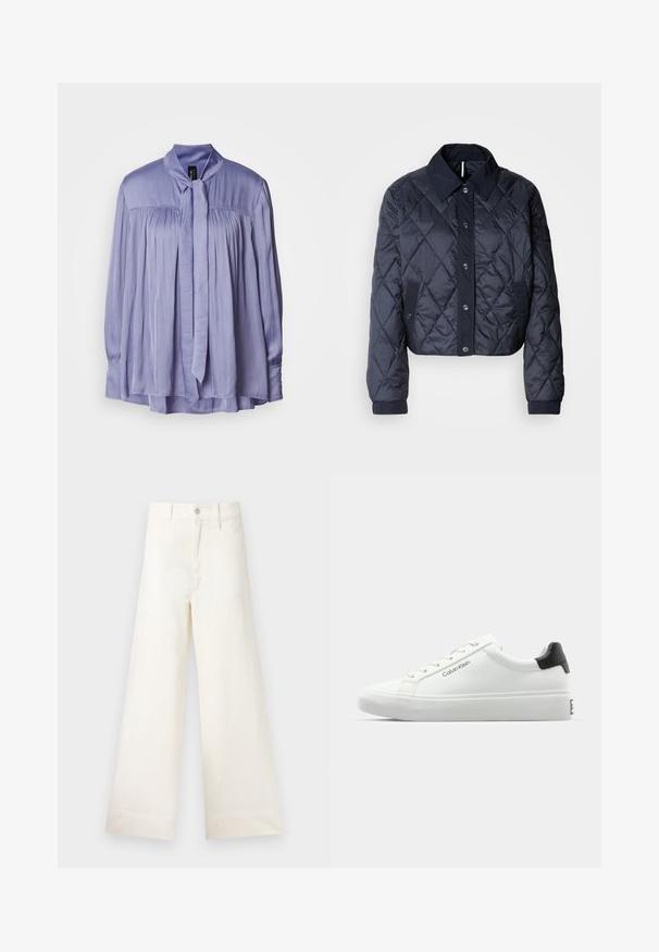 Tamsiai mėlynas paminkštintas švarkas su didele apykakle, mygtukų uždarymu ir elastingomis rankovėmis. Pasižymi įstrižainiais siūlais ir šoninėmis kišenėmis. Minkšta, lygi tekstūra.; Šviesiai levandų spalvos bluzonė, pagaminta iš lygios, šilkinės medžiagos. Yra pintas kaklas su užrištu kaspinu ir klostuotas dizainas. Ilgos rankovės su surinktomis pūtimis.; Platus kojų kelnes šviesiai smėlio spalvos medvilnės. Aukšta juosmens linija, priekinės kišenės ir tiesus kirpimas. Švarus apvadas be raštų.; Baldos suknelės sportbačiai su lygiu paviršiumi, juodu kulno akcentu ir raištelių dizainu. Šone matoma "Calvin Klein" prekės ženklo ženklas. Minimalistinio stiliaus.