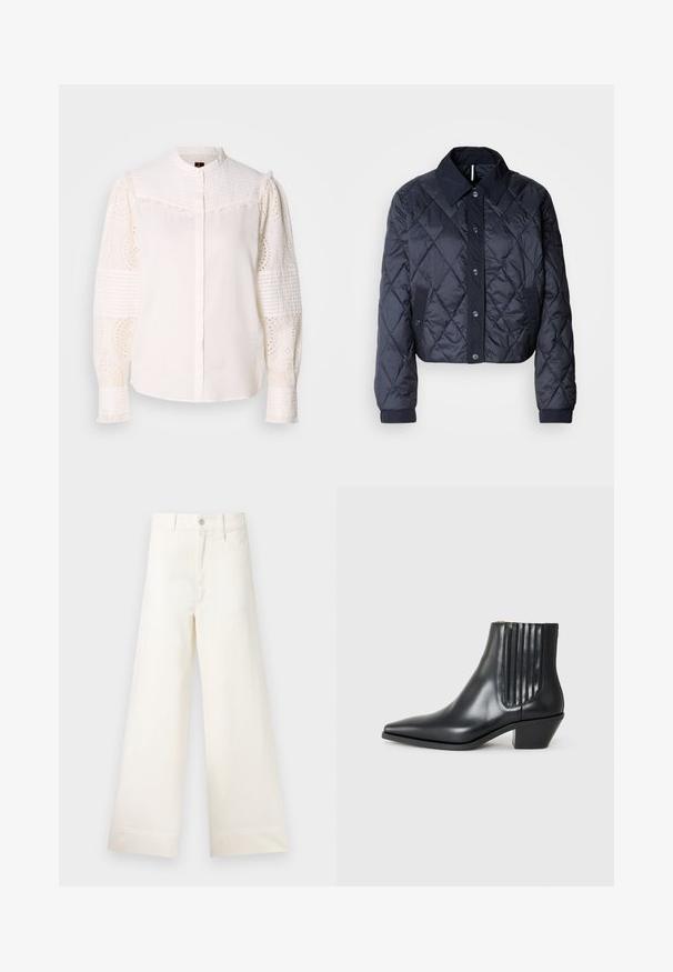 Marineblauer, gesteppter Regenmantel mit großem Kragen, Knopfverschluss vorne und elastischen Manschetten. Mit diagonaler Naht und Seitentaschen. Weiche, glatte Textur.; Weißes Hemd mit hohem Kragen, strukturiertem Oberteil und bestickten Augenbinde-Spitzenärmel mit aufwendigen Mustern und Rüschendetails.; Weite Hosen aus hellem beigen Baumwollstoff. Mit hoher Taille, vorderen Taschen und geradem Schnitt. Saubere Saumverarbeitung ohne Muster.; Schwarze Leder-Ankle-Boots mit spitzem Zehenbereich, seitlichen elastischen Einsätzen mit vertikalen Rillen und einem niedrigen Blockabsatz. Glatte Textur und elegantes Design.