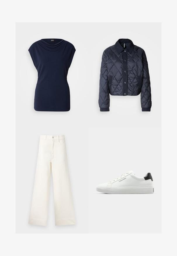 Laivastonsininen tikattu takki, jossa on suuri kaulus, napitus edessä ja elastiset hihansuut. Ominaisuuksiin kuuluu vinosaumaus ja sivutaskut. Pehmeä ja sileä tekstuuri.; Tummansininen paita, jossa on cowl-kaulus ja lyhyet hihat. Valmistettu pehmeästä kankaasta, jossa on istuva siluetti ja hienovaraiset sivusaumayksityiskohdat.; Suorat lahkeet vaaleasta beige puuvillasta. Korkea vyötärö, etutaskut ja suora leikkaus. Siisti helman viimeistely ilman kuvioita.; Valkoiset tennarit, joissa on sileä pinta, musta kantapääkorostus ja nauhakiinnitys. Sivulla on "Calvin Klein" -brändäys. Minimalistinen tyyli.