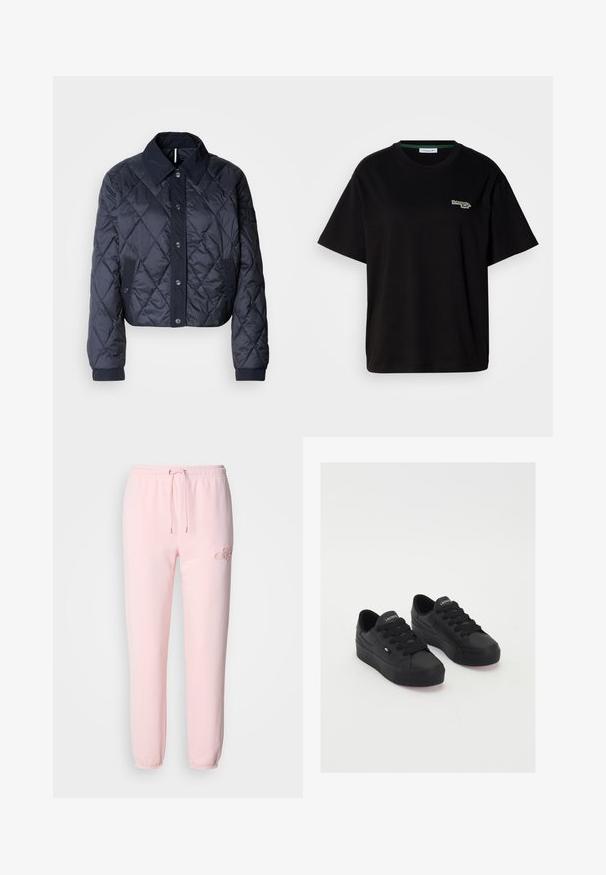 Marineblauer, gesteppter Regenmantel mit großem Kragen, Knopfverschluss vorne und elastischen Manschetten. Mit diagonaler Naht und Seitentaschen. Weiche, glatte Textur.; Schwarzes Baumwoll-T-Shirt mit kurzen Ärmeln, das ein kleines grünes Logo-Detail auf der linken Brust aufweist. Klassischer Rundhalsausschnitt, lockere Passform.; Hellrosa Sweatpants aus weichem Material, mit einem elastischen Bund und Kordelzug, schmal zulaufenden Bündchen und dezentem gesticktem Logodetail.; Schwarze Low-Top-Sneaker aus glattem Material, mit dicken Schnürsenkeln, einer strukturierten Sohle und einem kleinen Logo an der Seite und auf der Zunge.