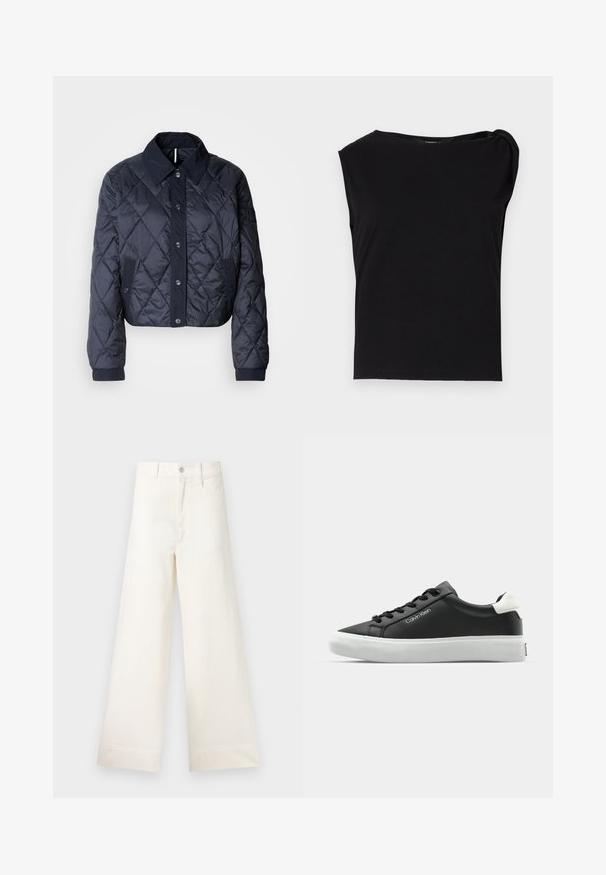 Jachetă matlasată de culoare bleumarin, cu un guler mare, închidere cu nasturi și manșete elastice. Prezintă cusături diagonale și buzunare laterale. Textură moale și netedă.; Top negru cu maneci scurte, fabricat dintr-un material neted. Prezintă un decolteu rotund și un detaliu drapat pe umăr. Design simplu, ajustat.; Pantaloni cu croi larg din bumbac bej deschis. Prezintă talie înaltă, buzunare frontale și croi drept. Terminare netedă a tivului, fără modele.; Sneaker din piele neagră cu talpă din cauciuc alb. Are șireturi negre și un logo pe lateral. Vârf rotunjit și guler tapițat.