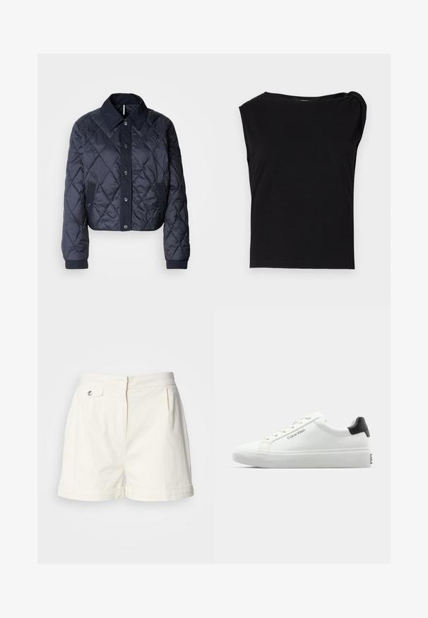 Marineblauwe gewatteerde jas met een grote kraag, knopen vooraan en elastische manchetten. Heeft diagonale stiksels en zijzakken. Zachte, gladde textuur.; Zwart kortmouwtop gemaakt van soepel stof. Heeft een ronde halslijn en een gedrapeerd detail op de schouder. Eenvoudig, aansluitend ontwerp.; Witte katoenen shorts met een vlakke voorkant, zijzakken, voorplooien en een enkele knoopsluiting bij de taille. Tailored model, gladde textuur.; Witte sneaker met een gladde afwerking, zwarte hielaccenten en vetersluiting. Bevat "Calvin Klein" branding aan de zijkant. Minimalistische stijl.