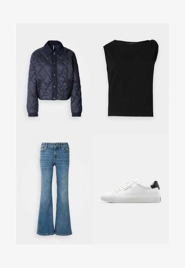 Jachetă matlasată de culoare bleumarin, cu un guler mare, închidere cu nasturi și manșete elastice. Prezintă cusături diagonale și buzunare laterale. Textură moale și netedă.; Top negru cu maneci scurte, fabricat dintr-un material neted. Prezintă un decolteu rotund și un detaliu drapat pe umăr. Design simplu, ajustat.; Blugi evazați de culoare albastru deschis, din denim, cu cinci buzunare, cusături vizibile și închidere cu nasture și fermoar la talie.; Tenisii albi cu un finisaj neted, cu accent pe toc negru și design cu șireturi. Prezintă branding-ul "Calvin Klein" pe lateral. Stil minimalist.