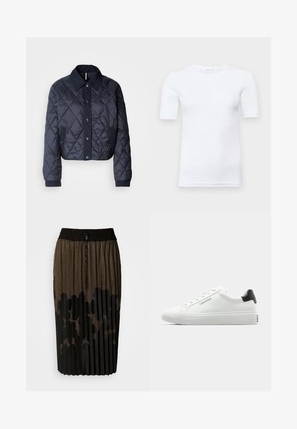 Marineblauer, gesteppter Regenmantel mit großem Kragen, Knopfverschluss vorne und elastischen Manschetten. Mit diagonaler Naht und Seitentaschen. Weiche, glatte Textur.; Weißes T-Shirt mit kurzen Ärmeln aus Baumwolle. Verfügt über einen runden Halsausschnitt und eine glatte Textur, mit minimal sichtbaren Nähten am Saum.; Schwarzer, plissierter Rock mit einem Netzüberzug mit gepunktetem Muster, elastischem Bund mit Kordelzug und einer mittellangen Passform.; Weißer Sneaker mit glatter Oberfläche, schwarzem Absatz und Schnürdesign. Mit "Calvin Klein"-Branding an der Seite. Minimalistischer Stil.