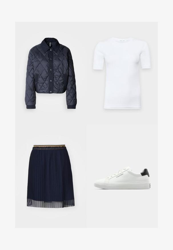 Mørkeblå quiltet jakke med en stor krave, knaplukning foran og elastiske manchetter. Har diagonal syning og sidelommer. Blød, glat tekstur.; Hvid kortærmet t-shirt lavet af bomuld. Har en rund halsudskæring og en glat overflade, med minimal syning synlig ved kanten.; Marineblå plisseret nederdel med et struktureret mesh-stof, der har en kontrastfarvet talje og en gennemsigtig nederste kant.; Hvid sneakers med en glat overflade, sort hælaccent og snørebåndsdesign. Har "Calvin Klein" branding på siden. Minimalistisk stil.
