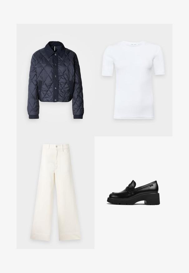Navy blue quilted jacket with a large collar, button front, and elastic cuffs. Features diagonal stitching and side pockets. Soft, smooth texture.; White short-sleeve t-shirt made of cotton. Features a round neckline and a smooth texture, with minimal stitching visible at the hem.; Wide-leg trousers in light beige cotton. Features a high waist, front pockets, and a straight cut. Clean hem finishing without patterns.; Black leather chunky-heeled loafer with thick sole and a strap detail across the top, shown from the side on a white background.