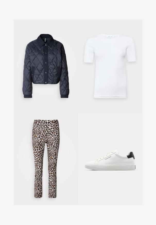 Veste matelassée bleu marine avec un grand col, fermeture à boutons et poignets élastiques. Comprend des coutures diagonales et des poches latérales. Texture douce et lisse.; T-shirt blanc à manches courtes en coton. Il présente un col rond et une texture lisse, avec des coutures minimales visibles à l'ourlet.; Pantalons à imprimé léopard dans un mélange de beige, marron et noir, avec un design ajusté et un ourlet évasé, présentant une fermeture à bouton à l'avant.; Sneaker blanche avec une finition lisse, accent noir au talon et design à lacets. Présente le logo "Calvin Klein" sur le côté. Style minimaliste.