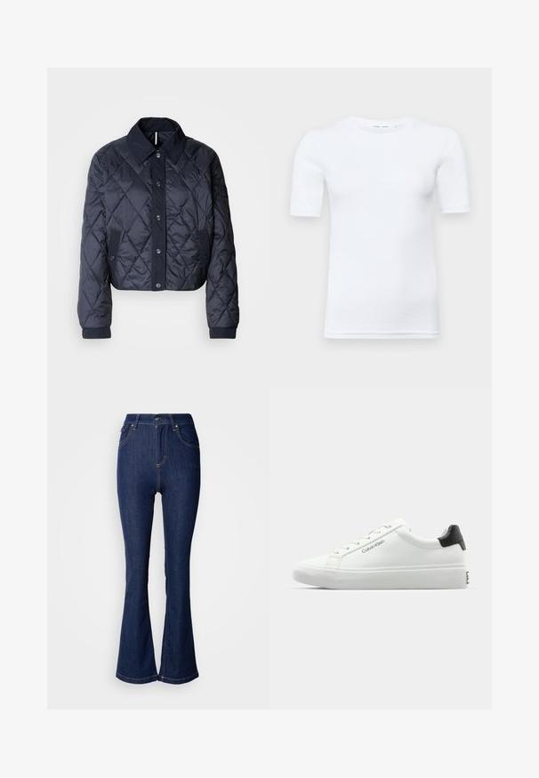 Navy blue quilted jacket with a large collar, button front, and elastic cuffs. Features diagonal stitching and side pockets. Soft, smooth texture.; White short-sleeve t-shirt made of cotton. Features a round neckline and a smooth texture, with minimal stitching visible at the hem.; Dark blue flared jeans in denim with a high waist, featuring front pockets, contrast stitching, and a button-fly closure.; White sneaker with a smooth finish, black heel accent, and lace-up design. Features "Calvin Klein" branding on the side. Minimalist style.