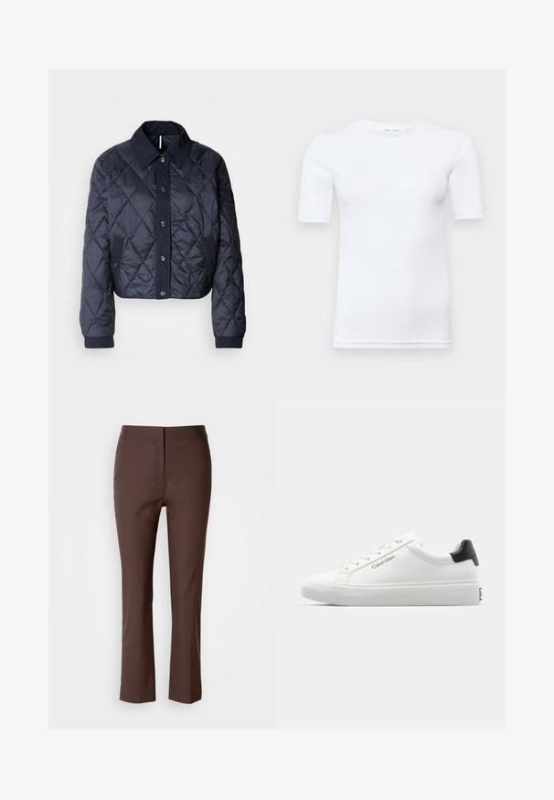 Veste matelassée bleu marine avec un grand col, fermeture à boutons et poignets élastiques. Comprend des coutures diagonales et des poches latérales. Texture douce et lisse.; T-shirt blanc à manches courtes en coton. Il présente un col rond et une texture lisse, avec des coutures minimales visibles à l'ourlet.; Pantalons marron ajustés avec une coupe slim, présentant un devant plat, des poches latérales discrètes et un tissu lisse, légèrement extensible.; Sneaker blanche avec une finition lisse, accent noir au talon et design à lacets. Présente le logo "Calvin Klein" sur le côté. Style minimaliste.